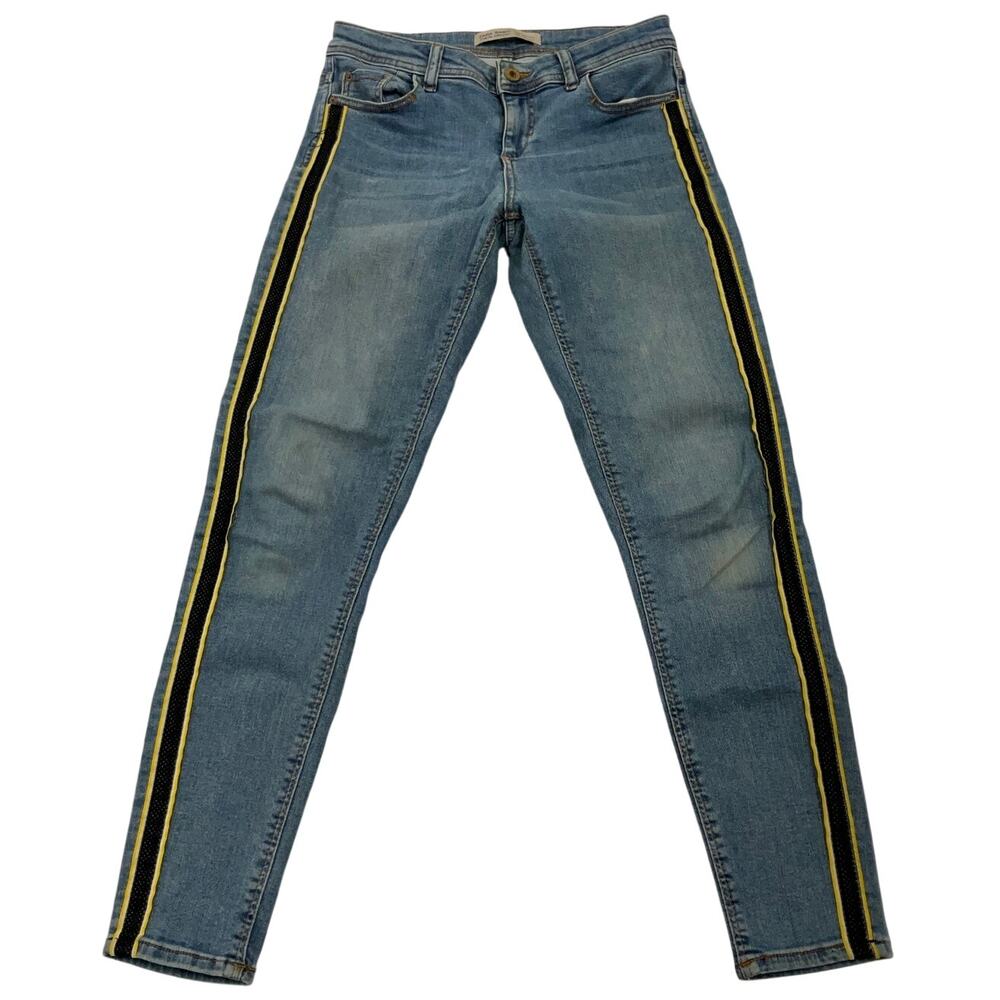 Zara Women’s Size 4 Basic Blue Jeans Yellow Navy Side Seam Trim Stretch